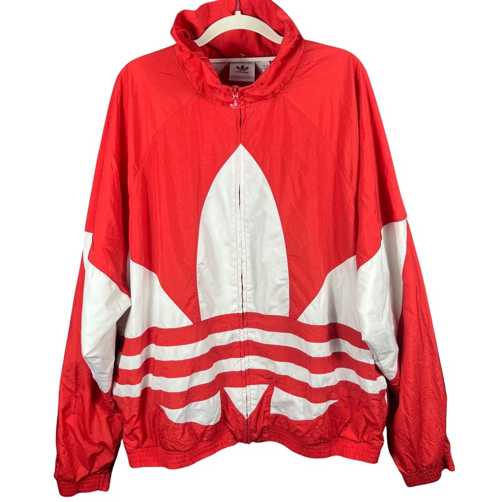 Adidas Windbreaker Jacket Mens XL Red Big Trefoil Logo Full Zip Nylon Shell